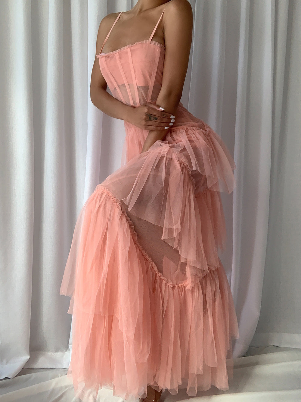 Spaghetti Strap Corset Sweetheart Ruffle Trim Chevron Tiered Tulle Maxi Dress 6