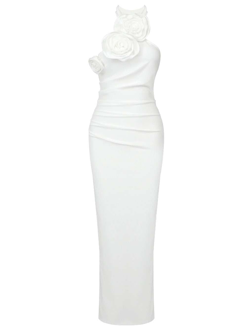 Halter Neck 3D Floral Rosette Ruched Bodycon Column Maxi Dress