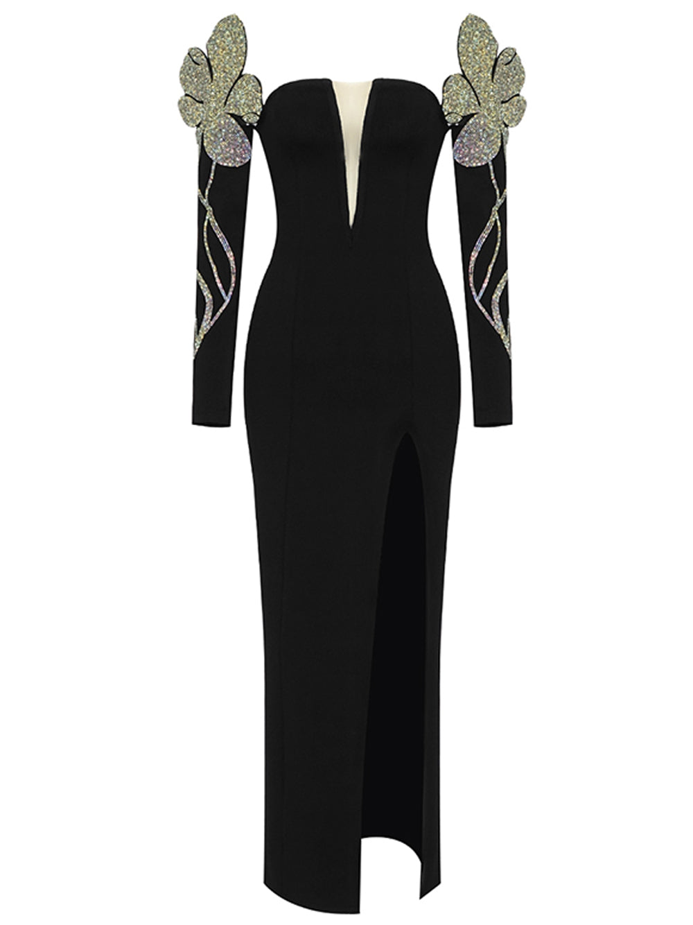 Plunging V Neck Mesh Panel Iridescent Butterfly Shoulder Sequin Maxi Gown 4