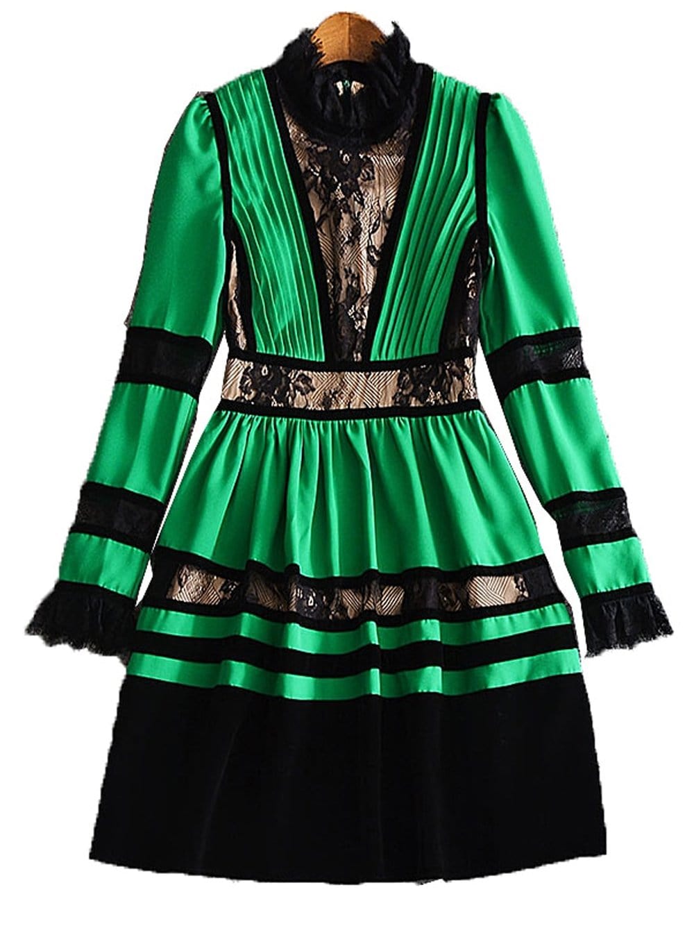 Mock Neck Lace Panel Velvet Band Pleated Tiered Gothic Mini Dress 8