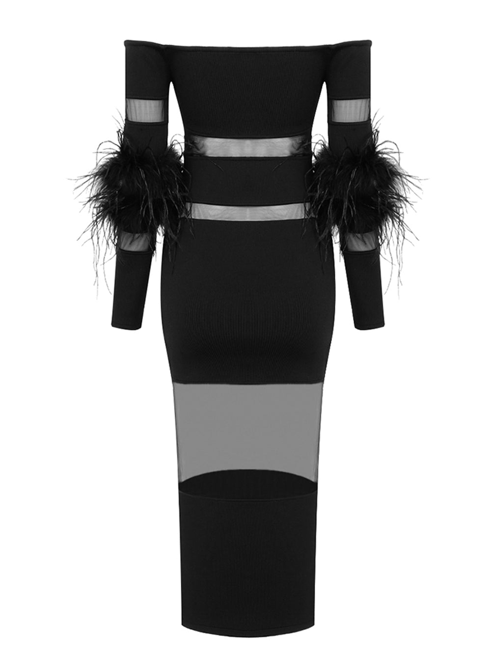 Off Shoulder Feather Trim Sheer Mesh Panel Bodycon Maxi Dress 5