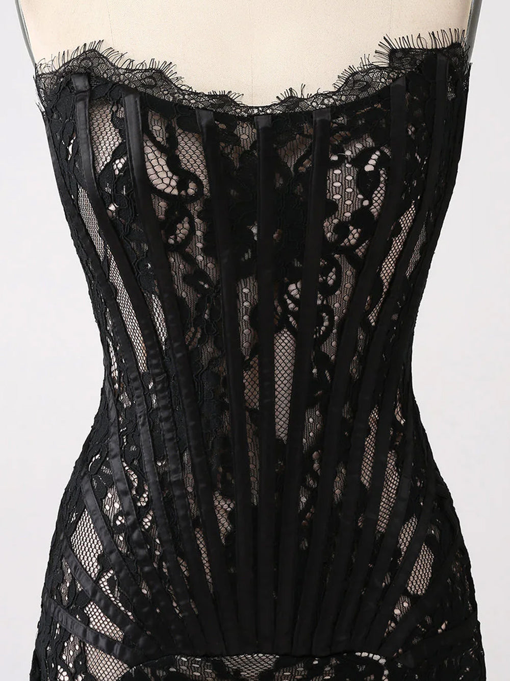 Strapless Sweetheart Corset Boned Floral Lace Draped Mini Dress 12