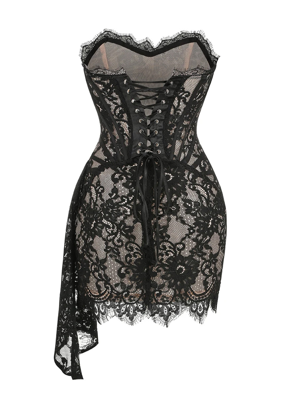 Strapless Sweetheart Corset Boned Floral Lace Draped Mini Dress 5