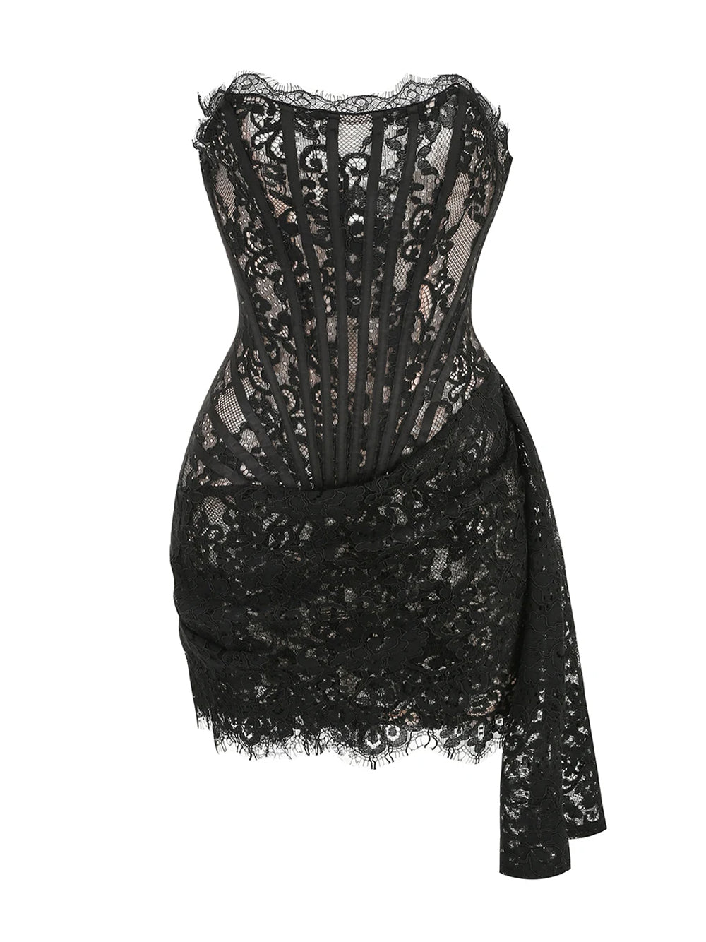 Strapless Sweetheart Corset Boned Floral Lace Draped Mini Dress 4