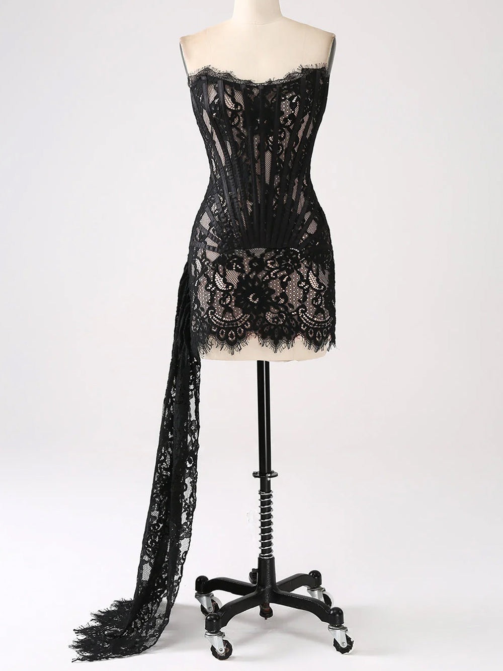 Strapless Sweetheart Corset Boned Floral Lace Draped Mini Dress 6