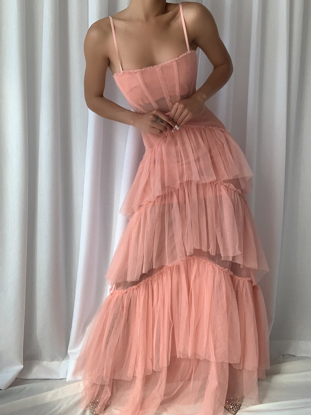 Spaghetti Strap Corset Sweetheart Ruffle Trim Chevron Tiered Tulle Maxi Dress 4