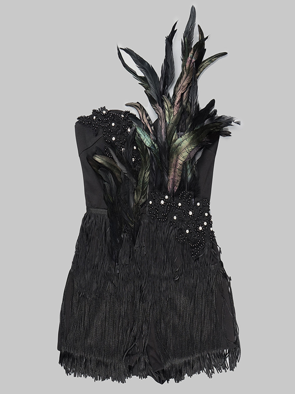 Strapless Beaded Feather Applique Fringe Hem Mini Dress 5