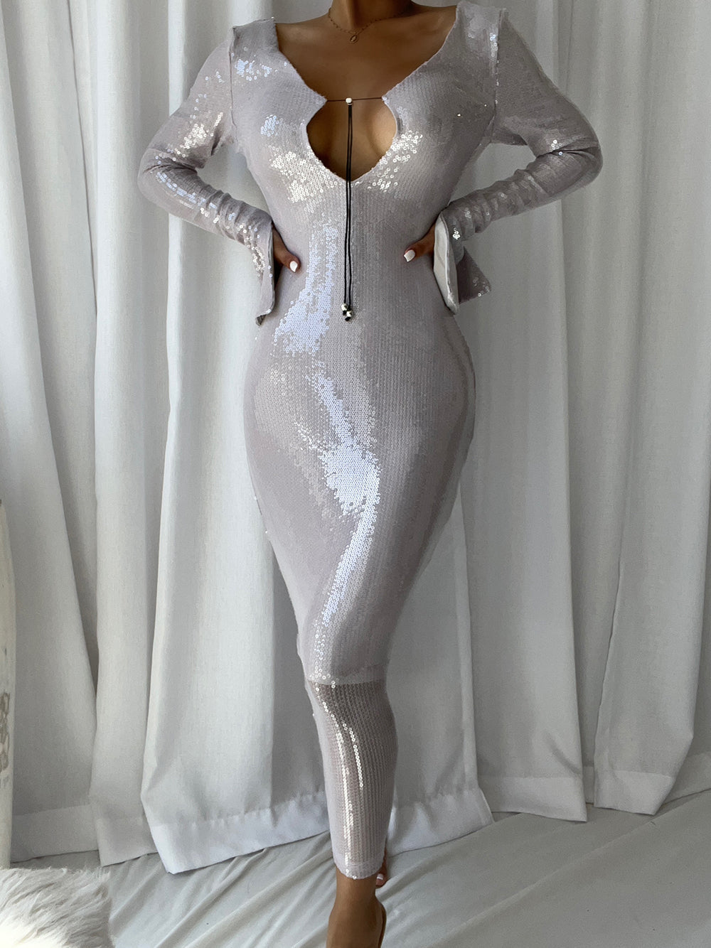 Plunging V Neck Cord Hardware Sequin Long Sleeve Maxi Dress