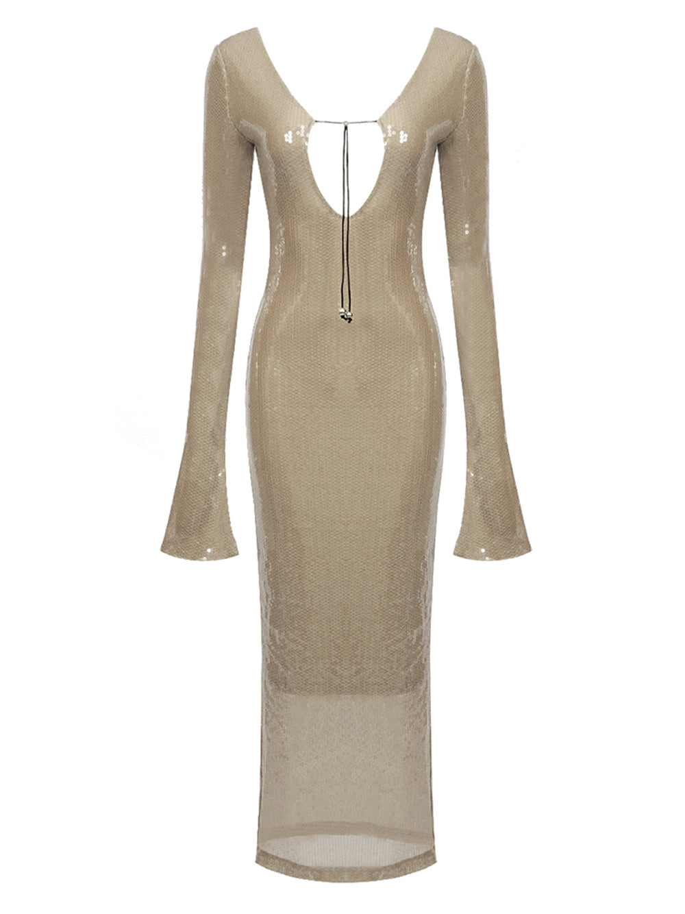 Plunging V Neck Cord Hardware Sequin Long Sleeve Maxi Dress