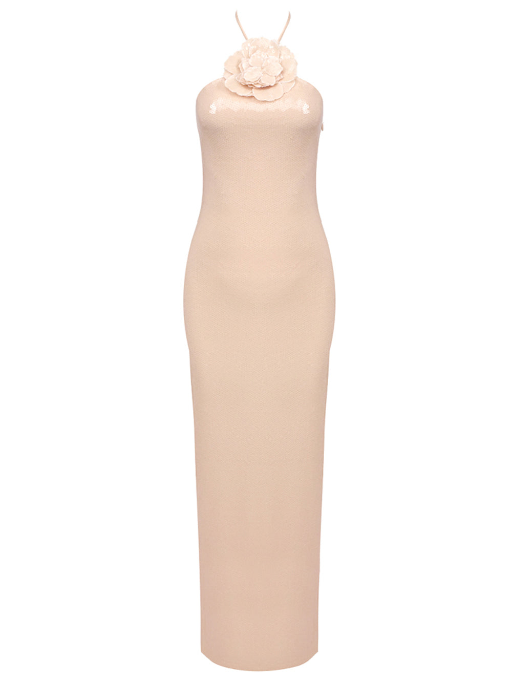 Halter Neck 3D Rosette Applique Sequin Column Maxi Gown