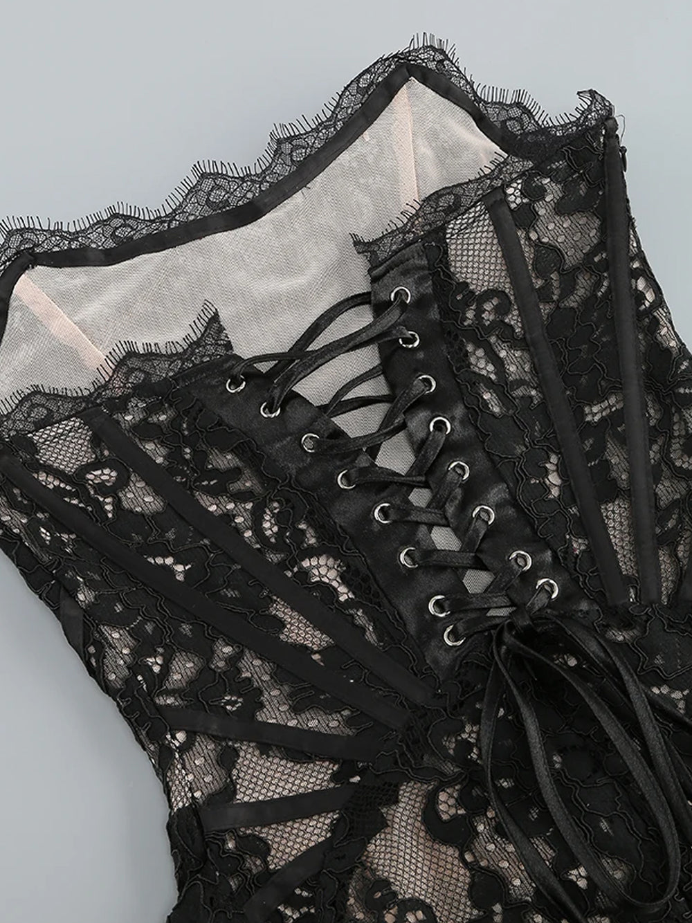 Strapless Sweetheart Corset Boned Floral Lace Draped Mini Dress 16