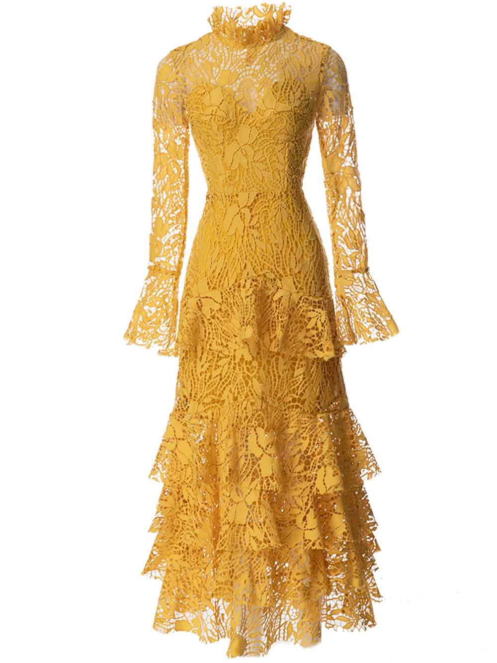 High Neck Scalloped Edge Triple Tier Bell Sleeve Lace Maxi Dress