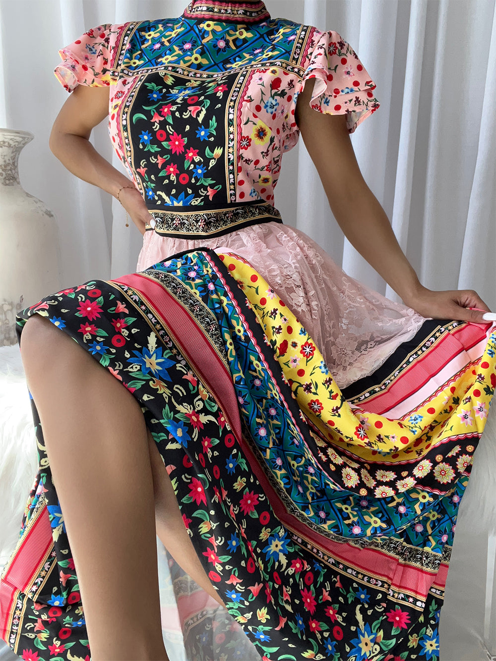 Mock Neck Mixed Print Tiered Lace Panel Maxi Dress 3