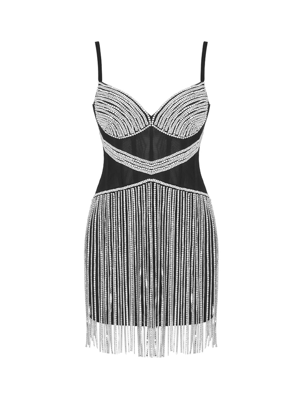 Sweetheart Spaghetti Strap Mesh Panel Rhinestone Chevron Fringe Mini Dress