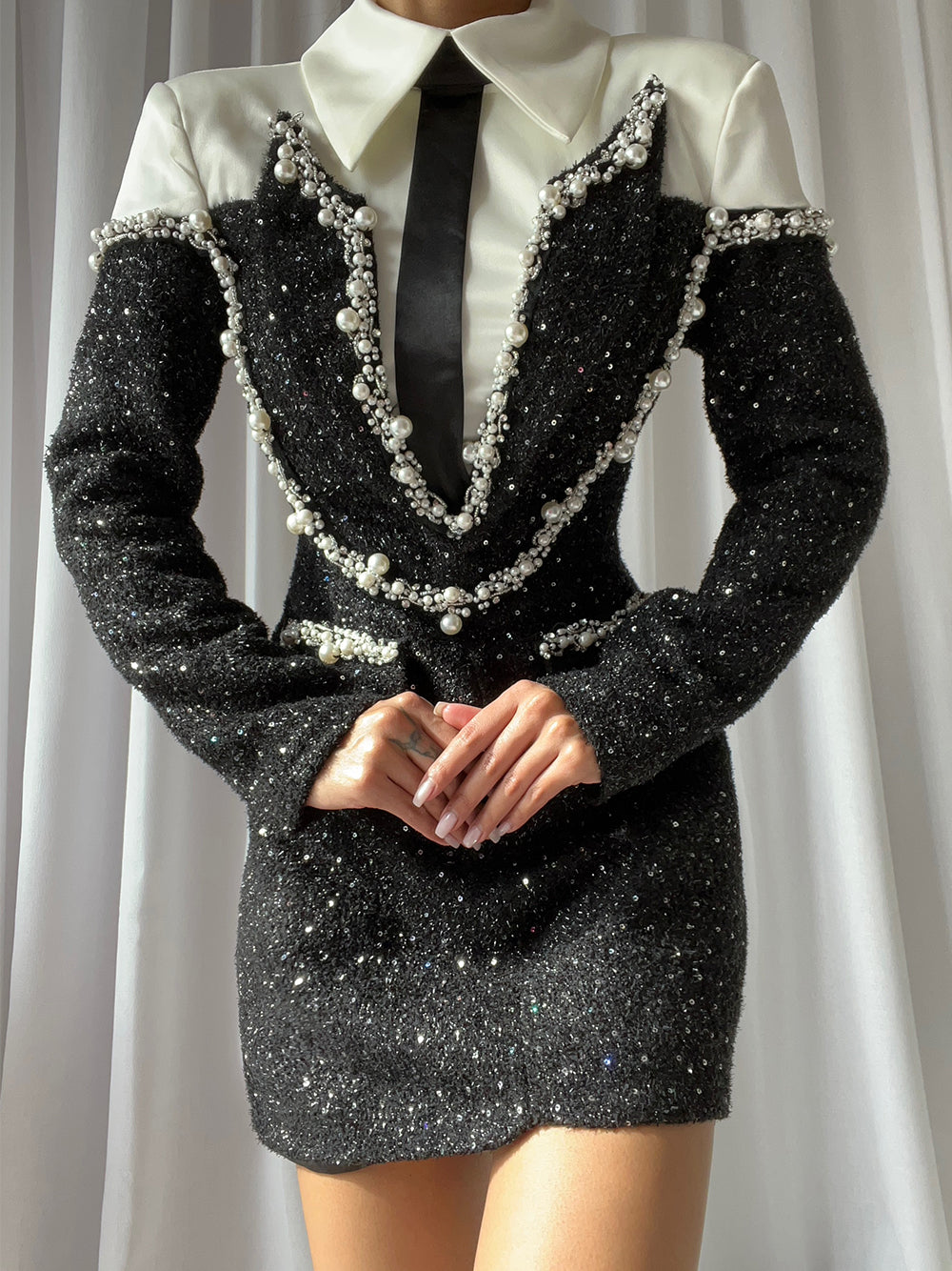 Pearl Trim Contrast Collar Sequin Tweed Blazer Mini Dress 2