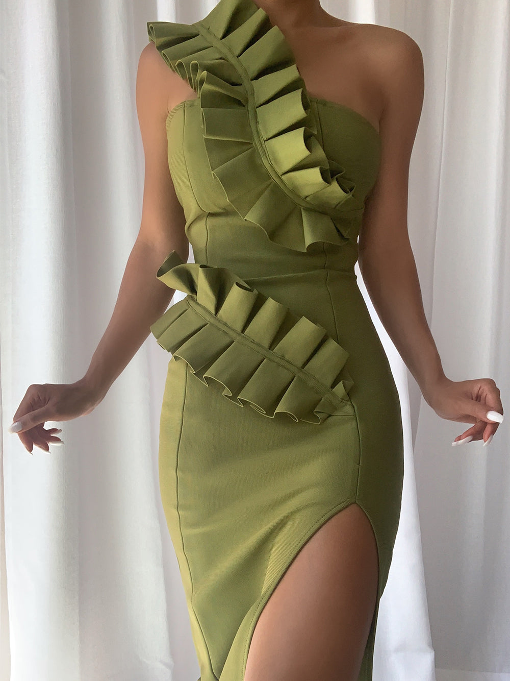 One Shoulder Ruffle Trim Waist Detail High Slit Bandage Midi Dress 2