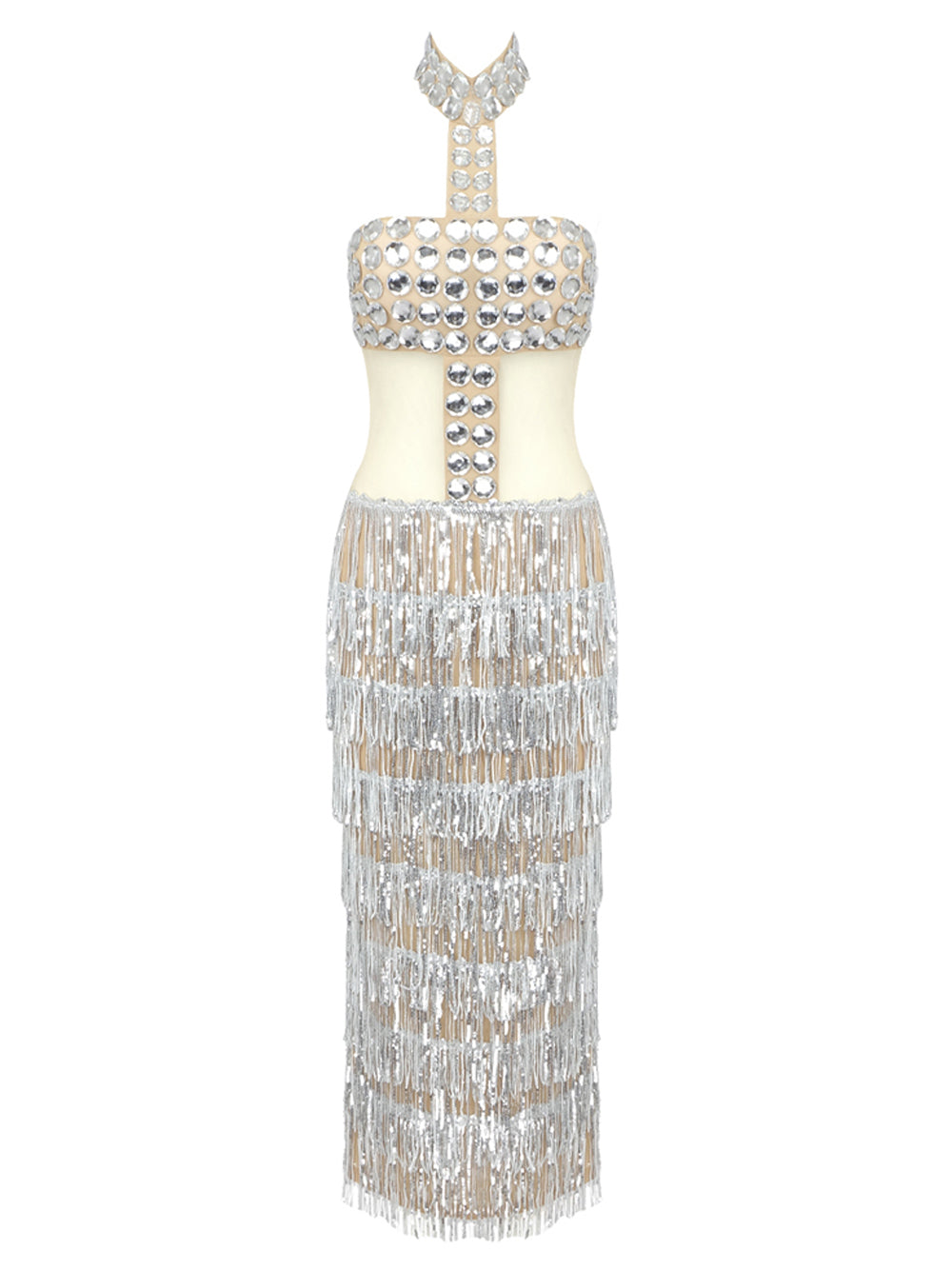 Crystal Halter Collar Mesh Bodice Tiered Fringe Maxi Gown