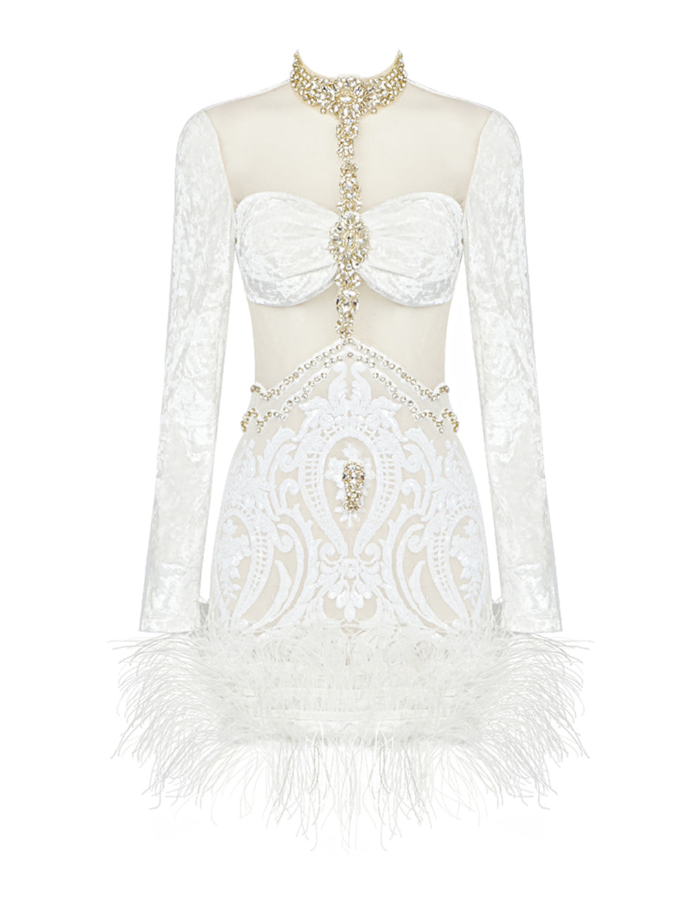 Crystal Choker Velvet Mesh Lace Feather Hem Mini Dress