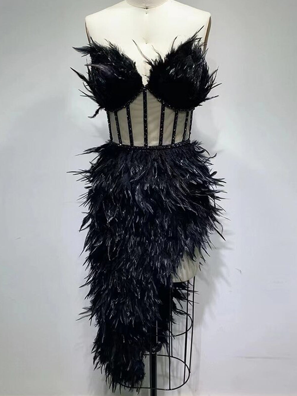 Strapless Feather Trim Fringe Mini Dress 9