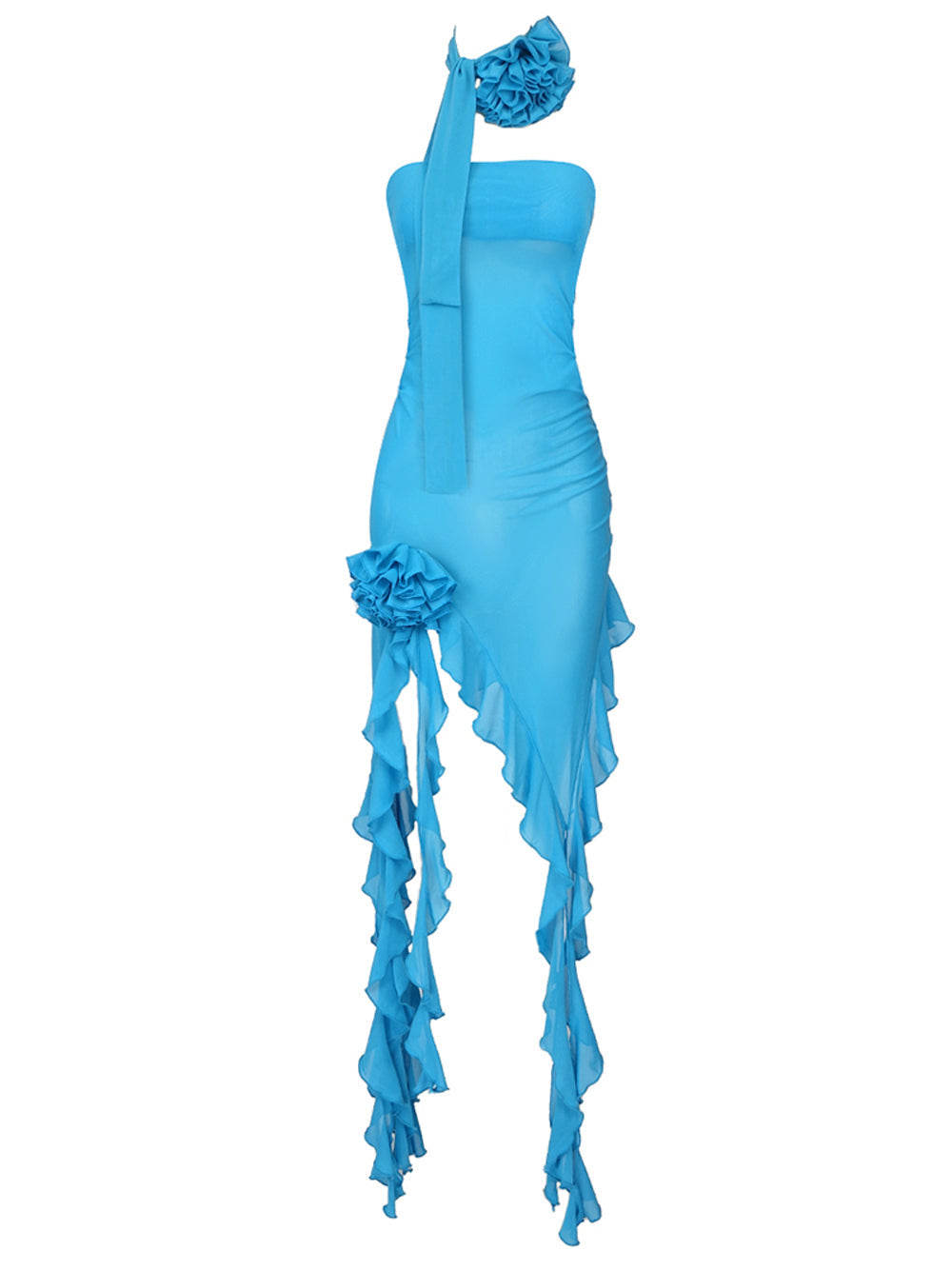 Strapless Rosette Choker Ruched Mesh Asymmetrical Ruffle Hem Mini Dress 12
