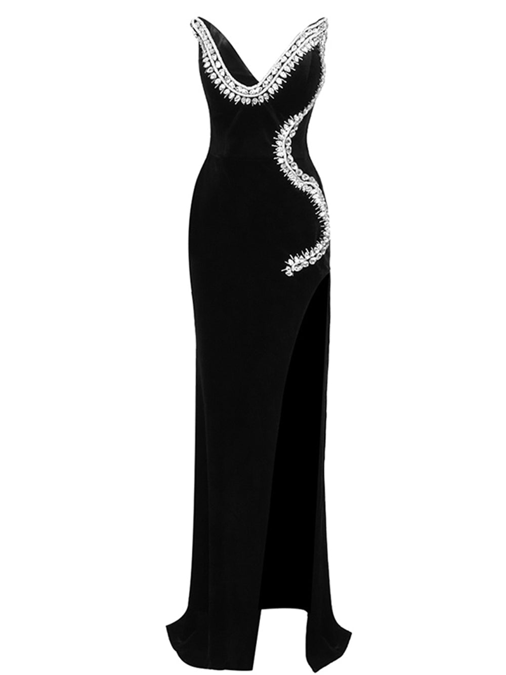 Plunging V Neck Rhinestone Scroll Trim Velvet Thigh Slit Maxi Gown