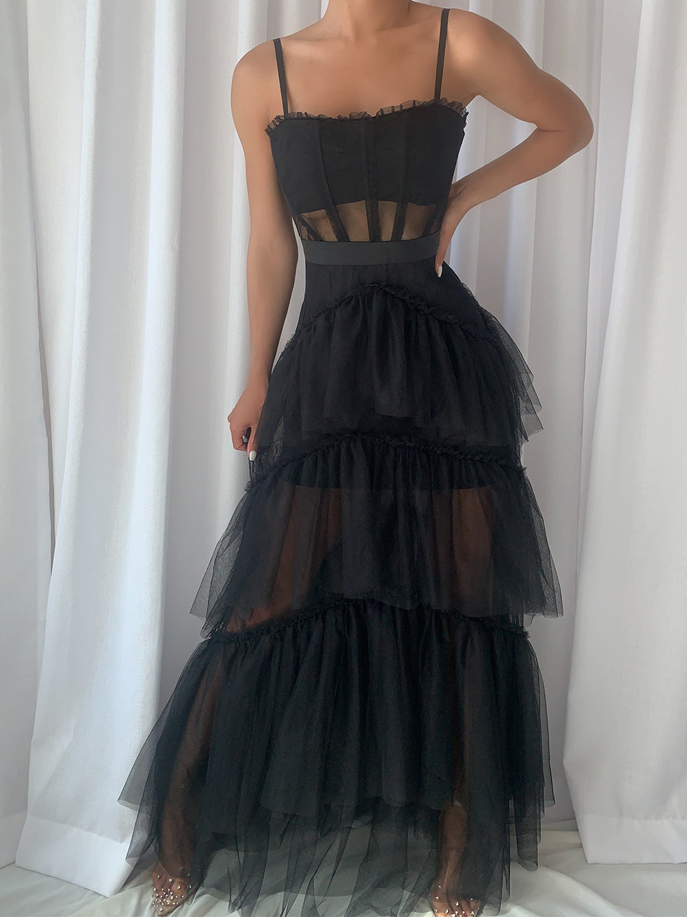 Strapless Tiered Tulle Maxi Dress