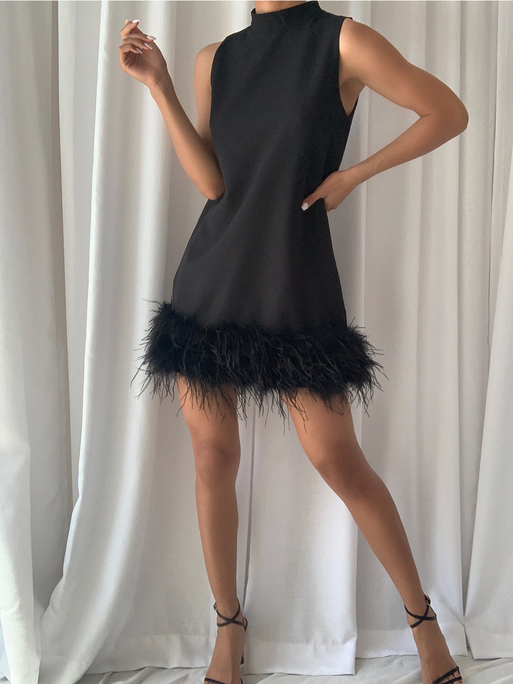 Mock Neck Sleeveless Shift Feather Trim Mini Dress