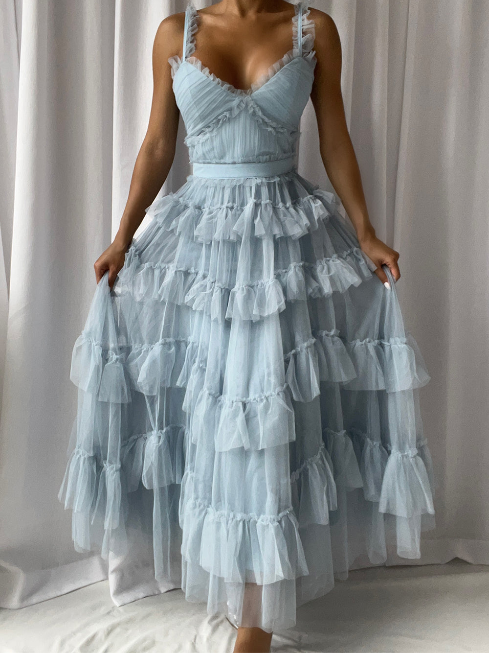 Ruffle Strap Tiered Tulle Maxi Gown