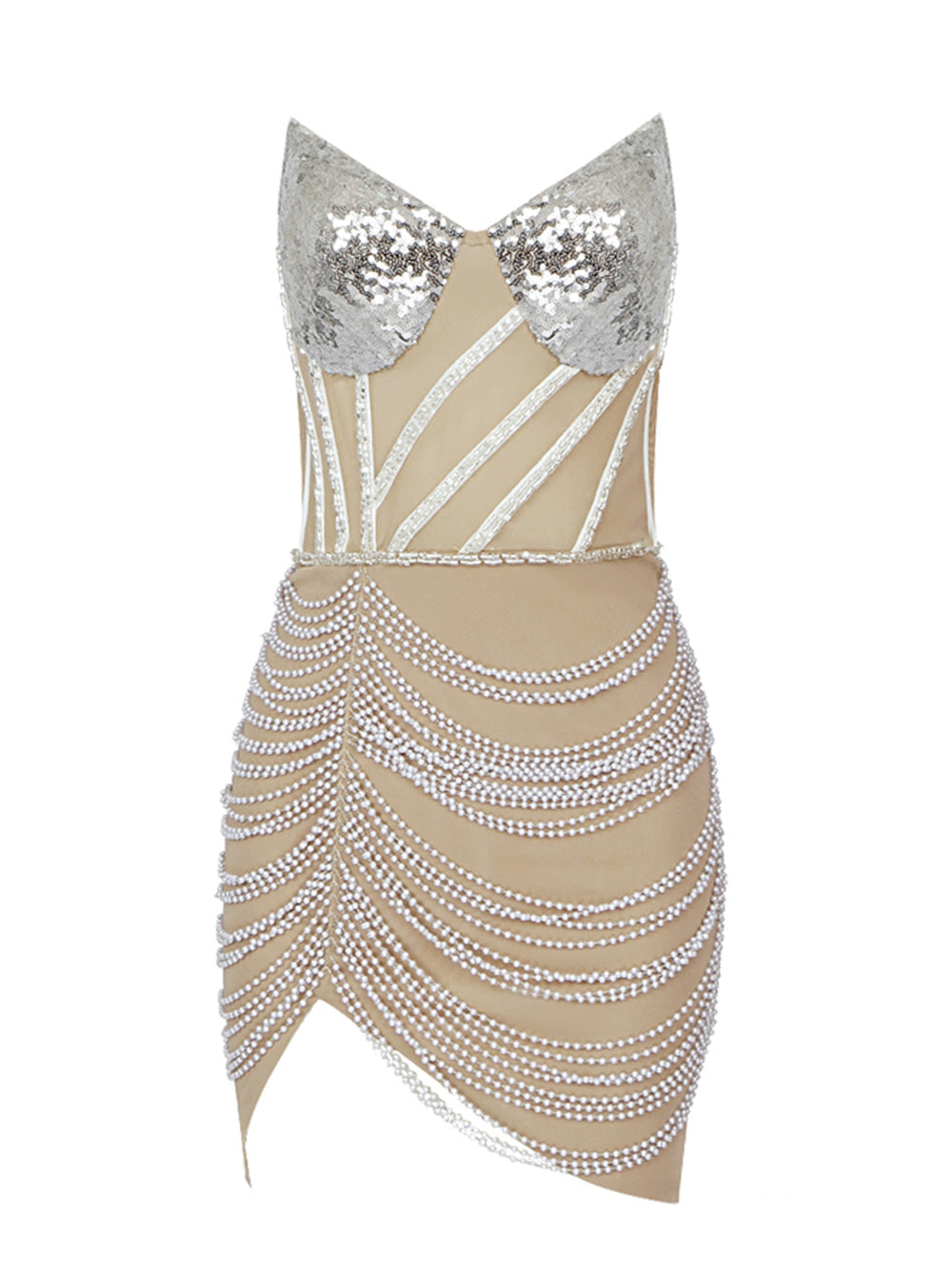 Sweetheart Sequin Bustier Beaded Corset Draped Bead Fringe Tulip Hem Mini Dress