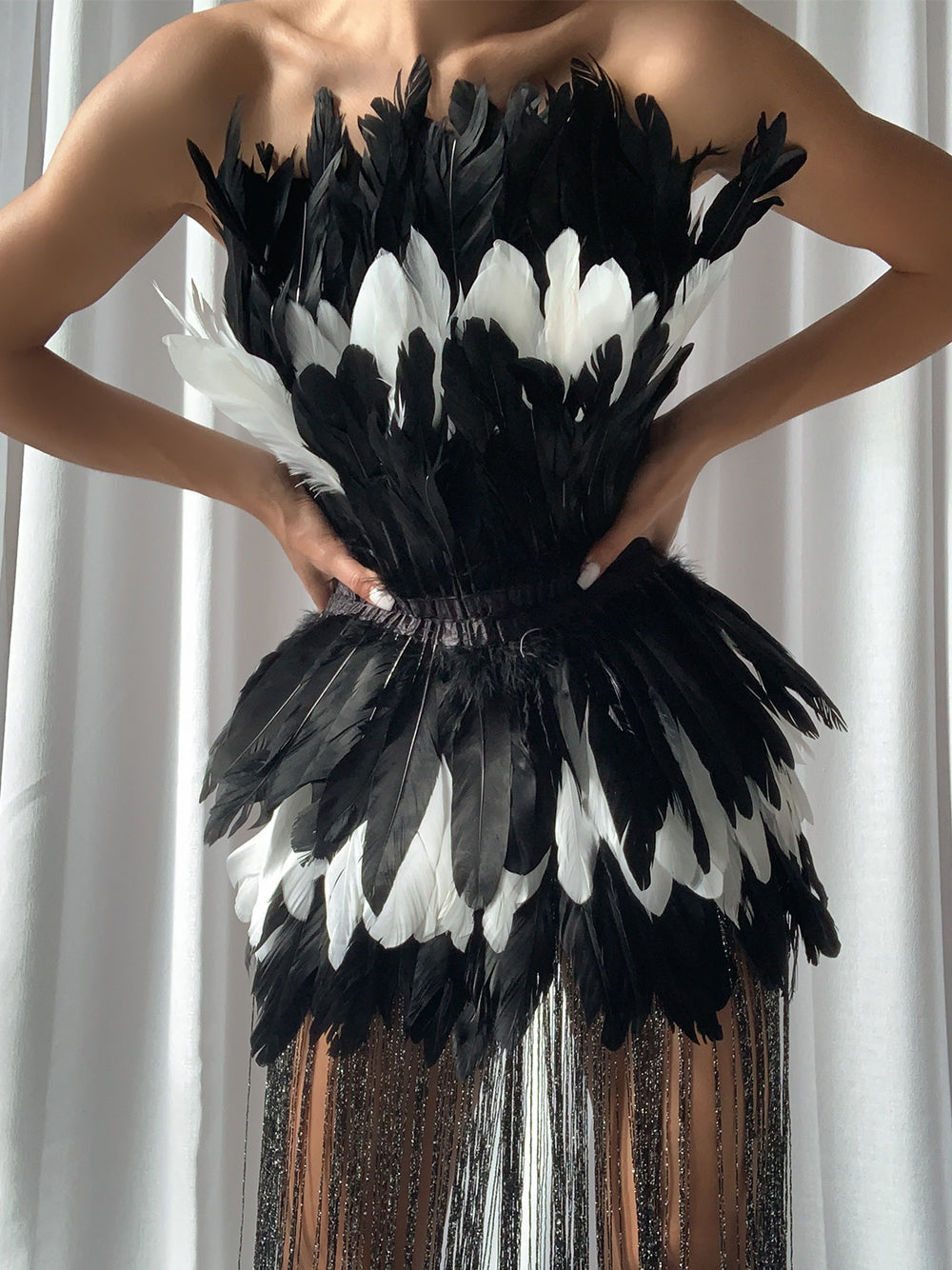 Strapless Layered Feather Mini Skirt Floor Length Fringe Hem Dress 8
