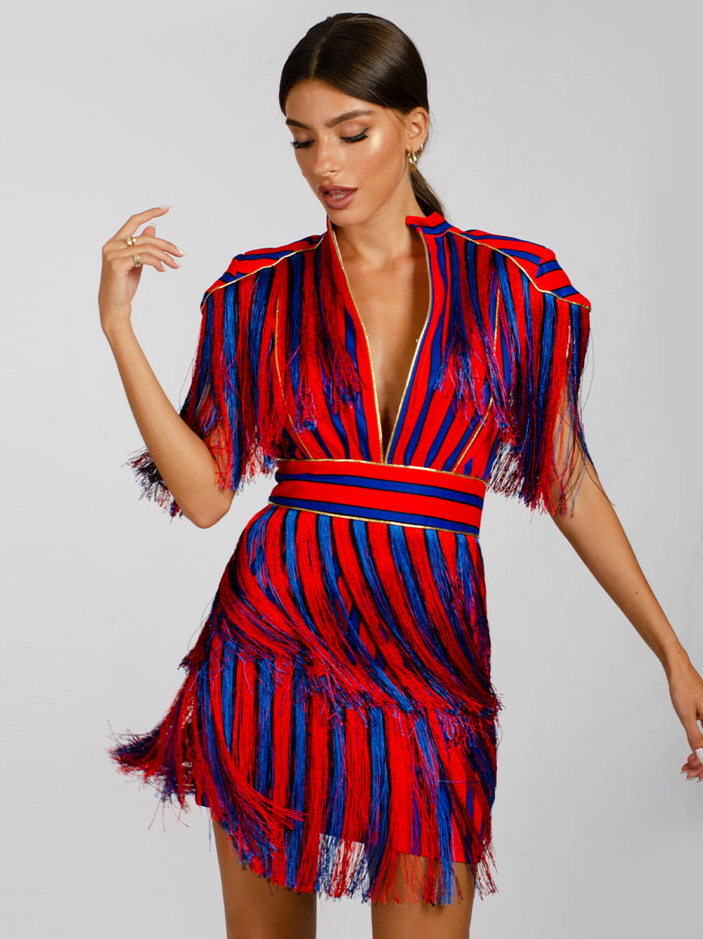 Mandarin Collar Epaulette Fringe Tiered Stripe Shag Mini Dress 10