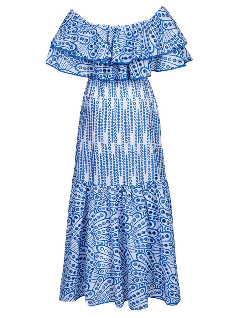 Off Shoulder Eyelet Paisley Print Tiered Maxi Dress