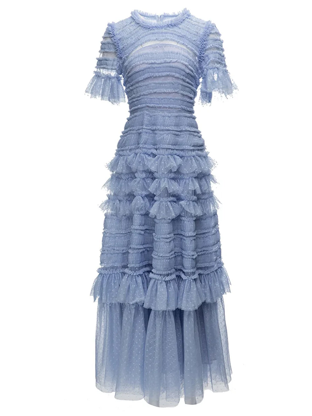 Crew Neck Swiss Dot Tiered Ruffle Short Sleeve Floor Length Gown