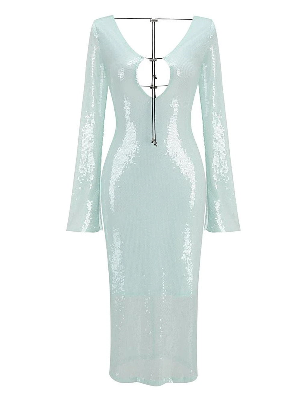 Plunging V Neck Cord Hardware Sequin Long Sleeve Maxi Dress