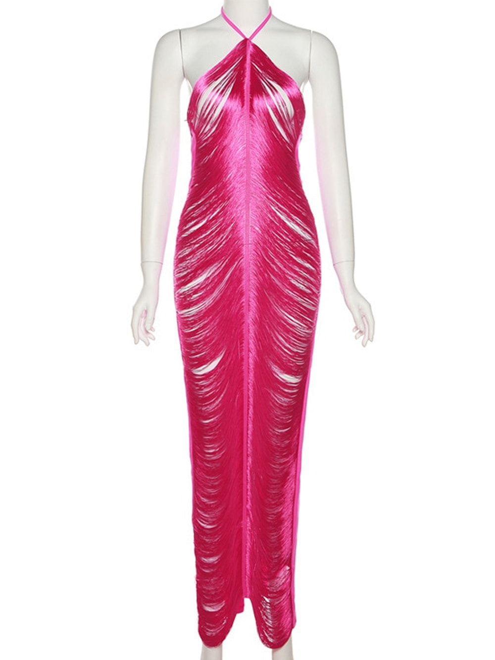 Halter Spaghetti Strap Side Cutout Horizontal Tassel Fringe Midi Dress 12