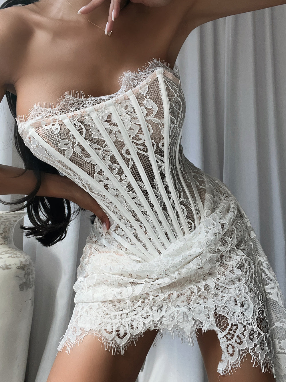 Strapless Boning Channel Lace Panel Draped Mini Dress