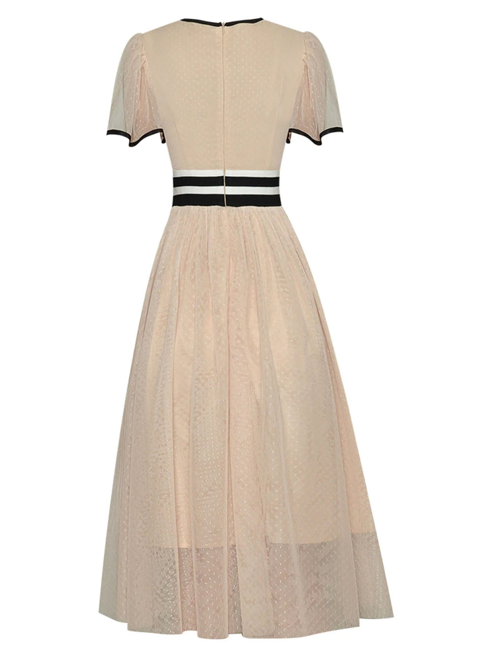 Round Neck Flutter Sleeve Stripe Waistband Floral Tulle Midi Dress 9