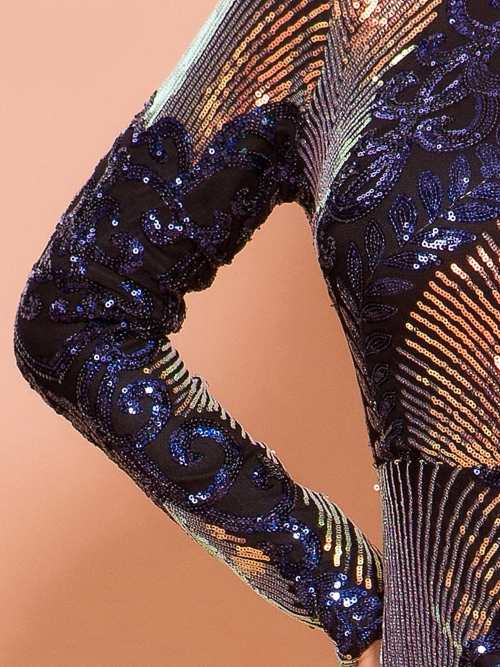 Crew Neck Long Sleeve Iridescent Sequin Fan Motif Bodycon Maxi Dress 9