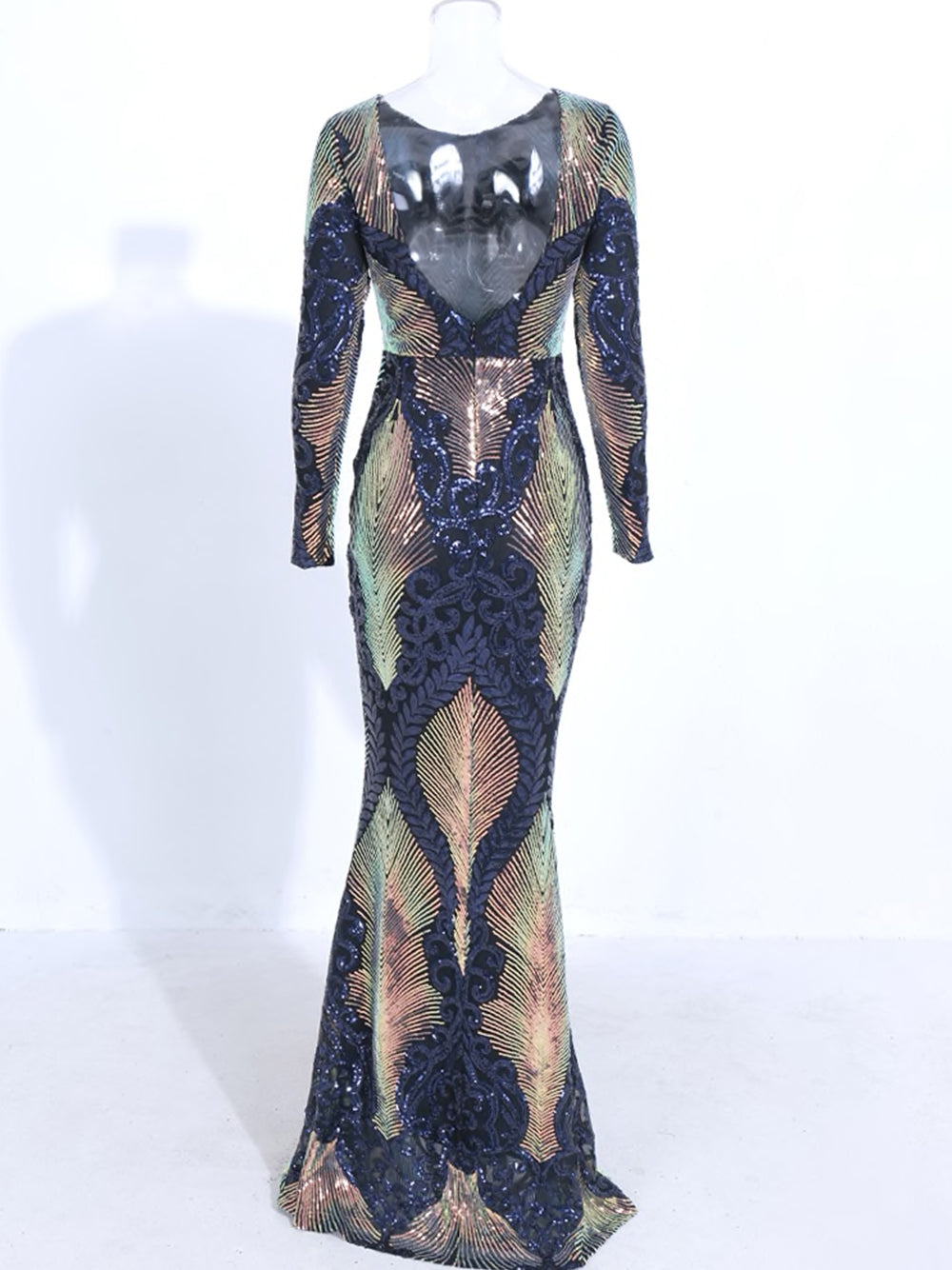 Crew Neck Long Sleeve Iridescent Sequin Fan Motif Bodycon Maxi Dress 7