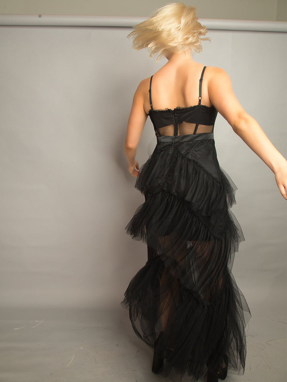 Spaghetti Strap Corset Mesh Panel Chevron Tiered Tulle Maxi Dress 11