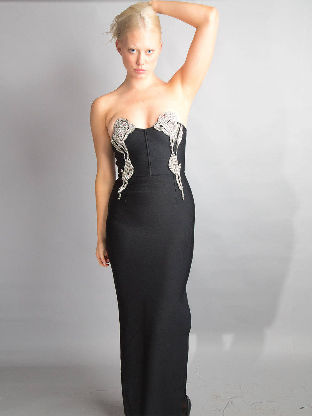 Strapless Sculpted Neckline Crystal Vine Embellished Column Maxi Gown