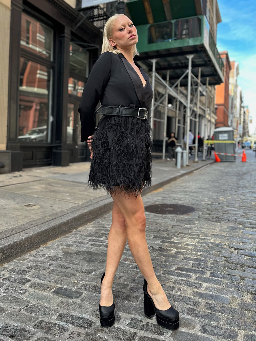 Shawl Lapel Long Sleeve Crystal Buckle Belt Feather Trim Blazer Mini Dress 14