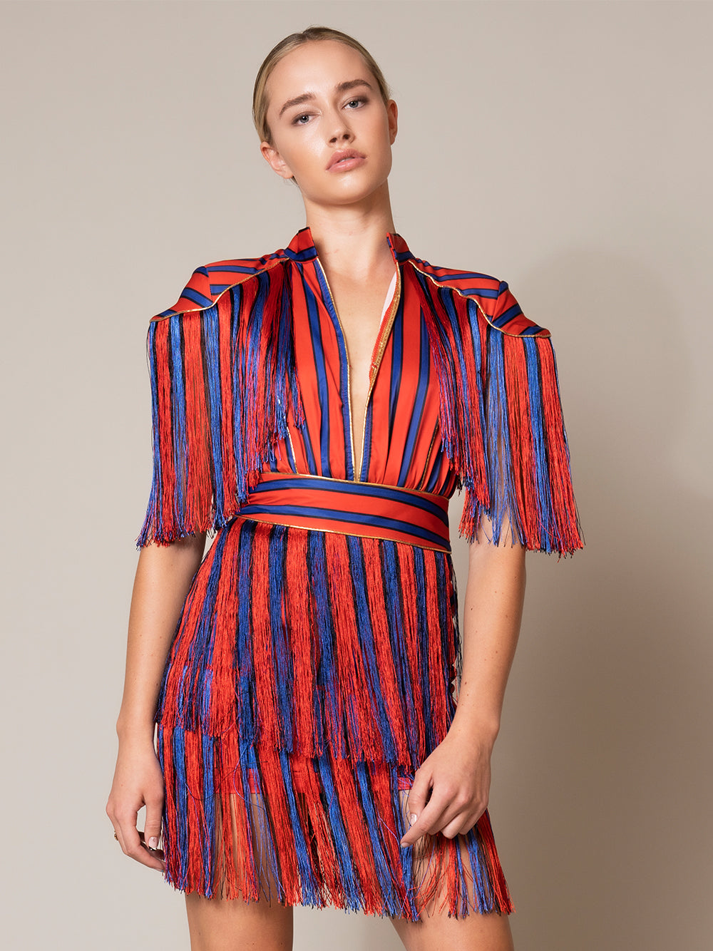 Mandarin Collar Epaulette Fringe Tiered Stripe Shag Mini Dress 2