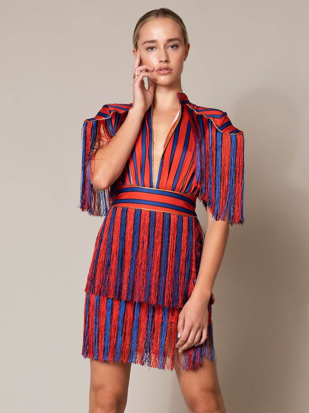 Mandarin Collar Epaulette Fringe Tiered Stripe Shag Mini Dress 3