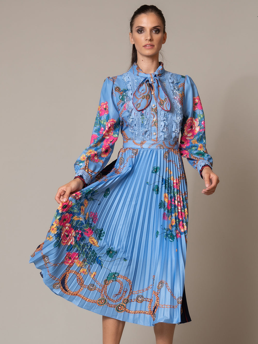 Bow Neck Lace Pearl Trim Accordion Pleat Chain Floral Maxi Dress 7