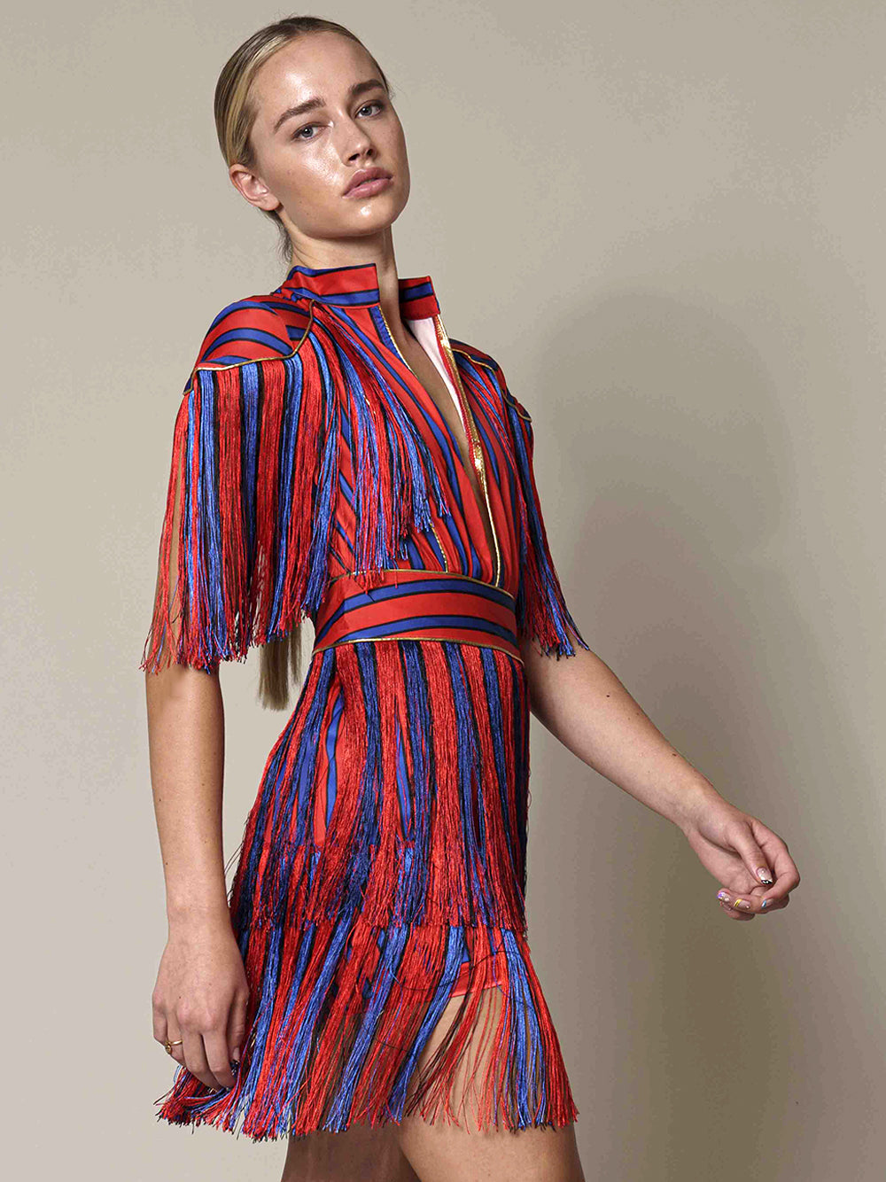 Mandarin Collar Epaulette Fringe Tiered Stripe Shag Mini Dress 4