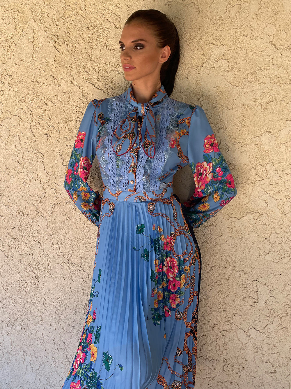 Bow Neck Lace Pearl Trim Accordion Pleat Chain Floral Maxi Dress 11