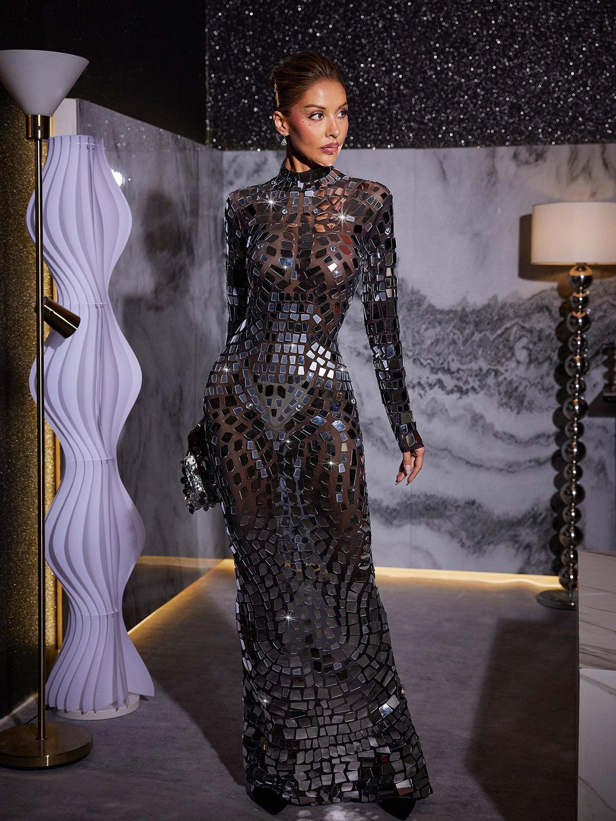 Mock Neck Long Sleeve Mirror Tile Mesh Bodycon Maxi Dress