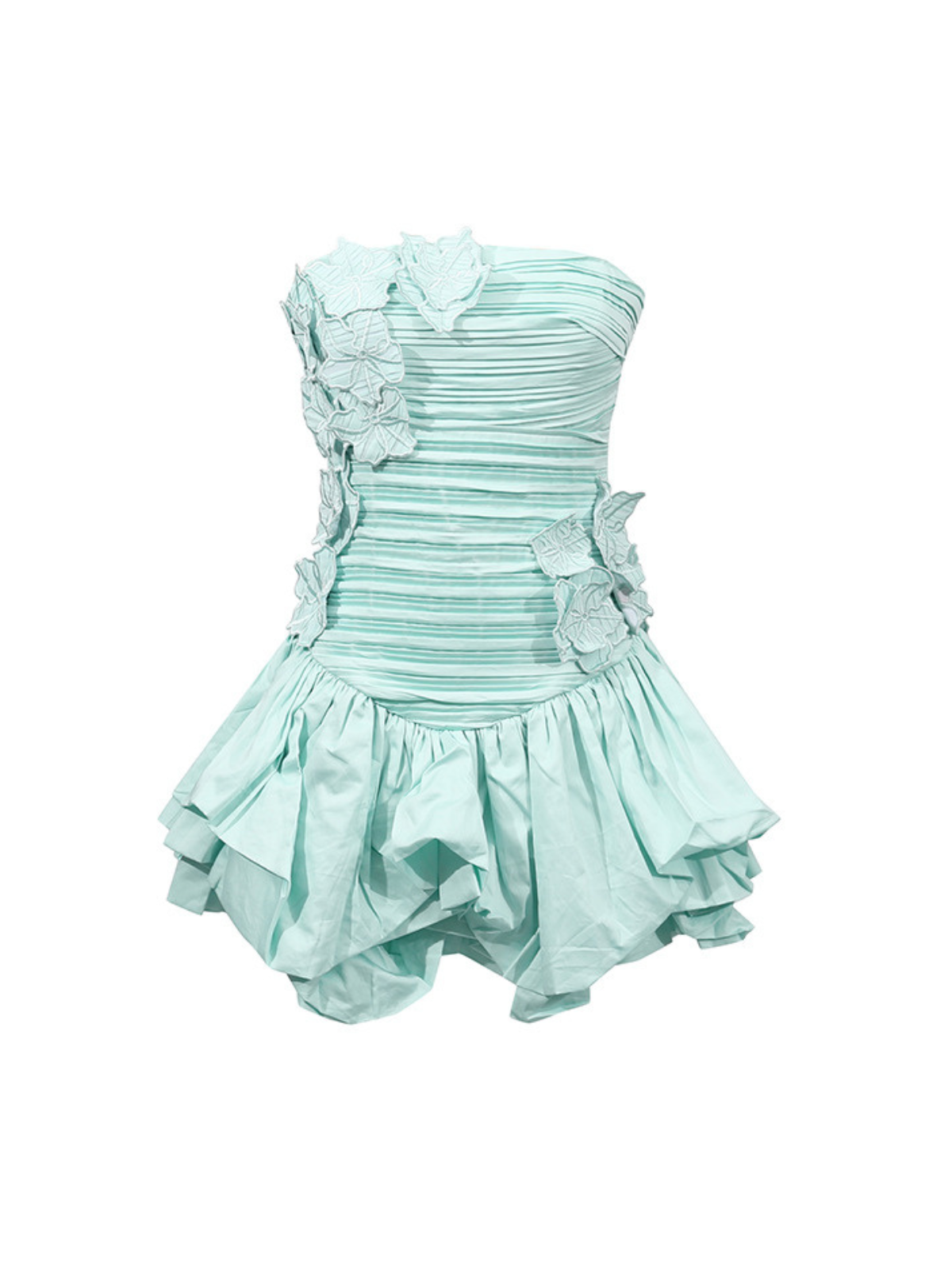 Strapless Floral Applique Bubble Hem Ruffled Mini Dress 7