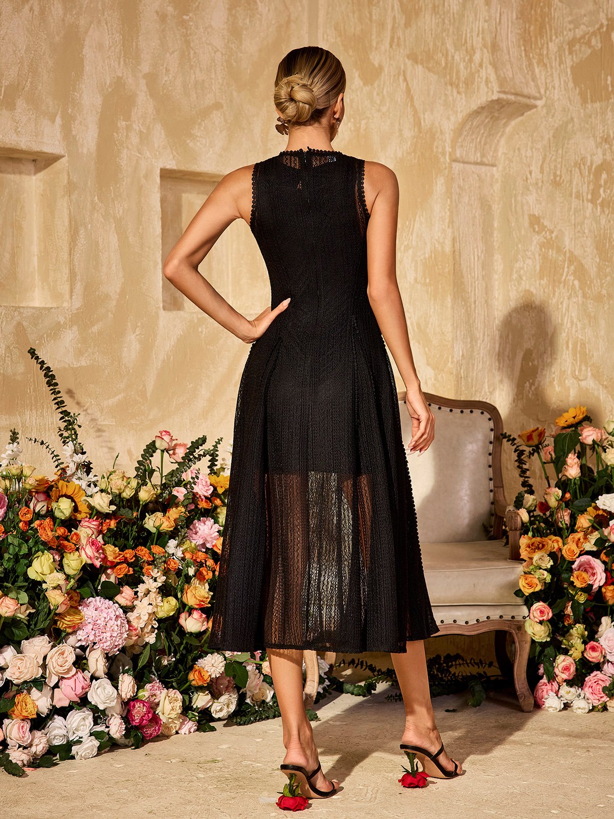 Round Neck Scalloped Lace Sleeveless Pointelle Sheer Hem A-Line Midi Dress 6